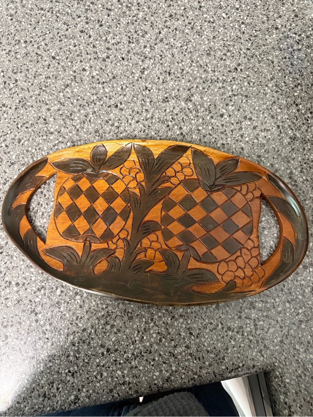 Vintage Hand-Carved Wood Decorative Tray with Pineapple Motif - Brown